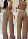 Purpdrank - New Women Jumpsuit Lady Sleeveless Romper Bodysuit Bodycon High-waist V-neck Wide-leg Pants Irregular Suit With Belt Playsuit
