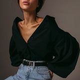 Purpdrank - Ladies Lantern Sleeve Elegant Blouse Shirt Women White Black Casual Button Vintage Turn Down Collar Office Lady Shirt Female