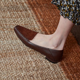 Purpdrank - Spring Autumn Genuine Leather Women Shoes Slip-On Square Toe Shallow Pumps Casual Retro Low-heeled Shoes for Women Handmade