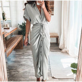 Purpdrank - 2023 New Bandage Single Breasted Dress Women Casual Short Sleeve Button Solid Maxi Dress For Woman Summer Holiday Style Dress