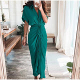 Purpdrank - 2023 New Bandage Single Breasted Dress Women Casual Short Sleeve Button Solid Maxi Dress For Woman Summer Holiday Style Dress