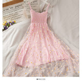 Purpdrank - Daisy Mesh Yarn Spaghetti Strap Dress Women New Summer French Style Pleated Slim Wasit Retro Sweet Dresses