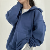 Purpdrank - Women Korean Version Loose Hoodies Long Sleeve Zip Up Solid Pocket Oversized Sweatshirts Female Thin Harajuku Hooded Coat Top