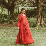 Purpdrank - Spring Autumn Cotton Retro Embroidery Ethnic Red Dress V-Neck Long Skirt Grassland Desert Seaside Vacation Long-Sleeved Dress