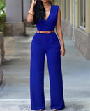 Purpdrank - New Women Jumpsuit Lady Sleeveless Romper Bodysuit Bodycon High-waist V-neck Wide-leg Pants Irregular Suit With Belt Playsuit