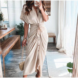 Purpdrank - 2023 New Bandage Single Breasted Dress Women Casual Short Sleeve Button Solid Maxi Dress For Woman Summer Holiday Style Dress