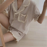Purpdrank - Korean Pajama for Women Summer Loungewear Sleepwear Sets Girls Sweet Plaid Lapel Pyjama Kawaii Ruffle Pijama Japanese Home Suit