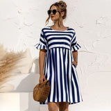 Purpdrank - Women Summer Dress Cute Loose Striped Print Ruffles Sleeves Dresses Elegant A Line Patchwork Beach Party Female Dress Vestidos