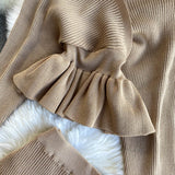Purpdrank - 2023 Women Korean New Style Cross V-neck Puff Sleeve Short Waist Top + Elastic High Waist Pleated Skirt Knitting Two Piece