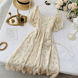 Purpdrank - Spring Outfits Romantic Women Lace Embroidery Party Dress Summer Elegant Floral Print Short Puff Sleeve Gothic Vintage Midi Dress