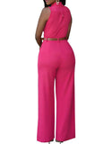 Purpdrank - Formal Jumpsuit Wide Leg Pant Women Office Solid Color Sleeveless Belt Shirt Jumpsuit Basic V Neck Single Breasted Jumpsuit Work