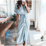 Purpdrank - 2023 New Bandage Single Breasted Dress Women Casual Short Sleeve Button Solid Maxi Dress For Woman Summer Holiday Style Dress