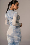Purpdrank - Long Sleeve Sheath Slim Ruched Mini Bandage Dress Ladies Skinny Bodycon Sexy Tie Dye Dresses for Women Vestidos De Mujer