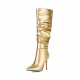 Purpdrank - Silver gold knee high boots women pleated pointed toe thin high heels dres party shoes autumn winter long boots woman