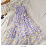 Purpdrank - Daisy Mesh Yarn Spaghetti Strap Dress Women New Summer French Style Pleated Slim Wasit Retro Sweet Dresses