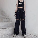 Purpdrank - Techwear Gothic Black Cargo Pants Women Streetwear Hollow Out Punk Wide Leg Oversize Pockets Trousers For Female Hip Hop