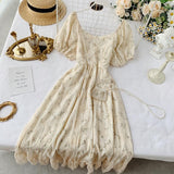 Purpdrank - Spring Outfits Romantic Women Lace Embroidery Party Dress Summer Elegant Floral Print Short Puff Sleeve Gothic Vintage Midi Dress