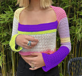 Purpdrank - Women Spring Autumn Streetwear Crochet Knit Crop Tops Long Sleeve Square Collar Color Block Hollow Out Regular Fit T-Shirts