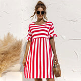 Purpdrank - Women Summer Dress Cute Loose Striped Print Ruffles Sleeves Dresses Elegant A Line Patchwork Beach Party Female Dress Vestidos