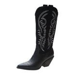 Purpdrank - Women Cowboy Boots Pointed Toe Women's Shoes Embossing pu Leather Shoes Knee-High Boots Chunky Wedges shoes