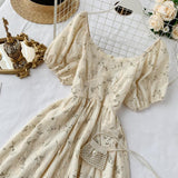Purpdrank - Spring Outfits Romantic Women Lace Embroidery Party Dress Summer Elegant Floral Print Short Puff Sleeve Gothic Vintage Midi Dress