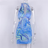 Purpdrank - Tie Dye Printed Mini Bodycon Dress Festival Outfits Party Club For Women Backless Halter Cut Out Sexy Summer Dress