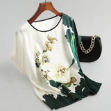 Purpdrank - Fashion Floral Print Blouse Pullover Ladies Silk Satin Blouses Plus Size Batwing Sleeve Vintage Print Casual Short Sleeve Tops