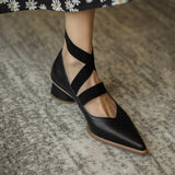Purpdrank - New Genuine Leather Elastic Band Women Shoes Fashion Spring/Autumn Pointed Toe Shallow Pumps Thick Heel Shoes Woman Size 34-40