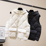Purpdrank - Women's Winter Short Vest Solid Korean Style Sleeveless Hooded Thick Jacket Female Cotton Padded  Casual Outwear