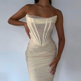 Purpdrank - Elegant Corset Bustier Bone Ruched Mesh Midi Dresses Party Night Club Sexy Backless Strapless Summer Dress Bodycon