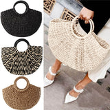 Purpdrank - Women Handbag Rattan Wicker Straw Woven Half-round Bag Large Capacity Female Casual Travel Tote Fashion Bolsos