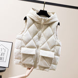 Purpdrank - Women's Winter Short Vest Solid Korean Style Sleeveless Hooded Thick Jacket Female Cotton Padded  Casual Outwear