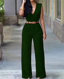 Purpdrank - New Women Jumpsuit Lady Sleeveless Romper Bodysuit Bodycon High-waist V-neck Wide-leg Pants Irregular Suit With Belt Playsuit