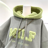 Purpdrank - Hoodies Women's Sweatshirts Letter Print Lamb Wool Pullovers Loose Korean Style Jacket Full Sleeve Casual Tops