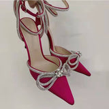 Purpdrank - Designer Wedding Shoes Woman Pointed toe Crystal Hih Heel Shoes Ankle Buckle Strap Rhinestone Bowtie Sandal Sexy Party Pump