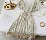 Purpdrank - Spring Outfits Romantic Women Lace Embroidery Party Dress Summer Elegant Floral Print Short Puff Sleeve Gothic Vintage Midi Dress