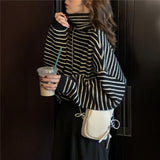 Purpdrank - Women Stripes Sweater Harajuku Winter Vintage Women Thickening Loose Warm Turtleneck Sweater