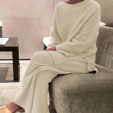 Purpdrank - Knitted Sweater Suit Women Elegant Solid O-Neck Pullovers+Wide Leg Pants Suit Lady Autumn Winter Soft 2 Piece Set Homewear
