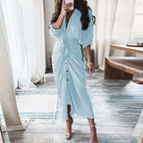 Purpdrank - 2023 New Bandage Single Breasted Dress Women Casual Short Sleeve Button Solid Maxi Dress For Woman Summer Holiday Style Dress