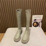 Purpdrank - Platform Knee High Boots Slip-on Block Heel Footwear Women Thick High Heels PU Leather Shoes Fashion Spring Female Boots