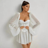 Purpdrank - Women Bodycon Dress Female Lantern Sleeve Y2K Corset Chiffon Dresses Beach Vacation Outfit Sexy Party Mini White Dress Summer