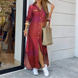 Purpdrank - Elegant Women Button Down Long Shirt Dress Summer Letters Print Lapel Neck Party Dress Lady Long Sleeve Maxi Beach Dress Vestido