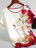 Purpdrank - Fashion Floral Print Blouse Pullover Ladies Silk Satin Blouses Plus Size Batwing Sleeve Vintage Print Casual Short Sleeve Tops