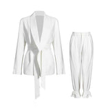 Purpdrank - Solid Color Korean Two Piece Set Women Blazer High Waist Belt Lace-up Straight Pants Suits Female Fashion New