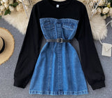 Purpdrank - Chic Women Hoodies Denim Dress New Fashion Long Sleeve Cotton Sweatshirt Patchwork Mini Jeans Dress with Belt