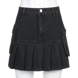 Purpdrank - New  Mall Goth Y2K High Waist Jean Skirts E-girl Aesthetics Black Denim Pleated Skirts with Big Pockets Grunge Punk Outfits