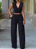 Purpdrank - New Women Jumpsuit Lady Sleeveless Romper Bodysuit Bodycon High-waist V-neck Wide-leg Pants Irregular Suit With Belt Playsuit
