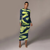 Purpdrank - Long Sleeve Sheath Slim Ruched Mini Bandage Dress Ladies Skinny Bodycon Sexy Tie Dye Dresses for Women Vestidos De Mujer