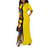 Purpdrank - Ladies Fashion Half Sleeve Dress Women Elegant Round Collar Geometric Printing Splicing Temperament Maxi Dress For Ball Party