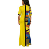 Purpdrank - Ladies Fashion Half Sleeve Dress Women Elegant Round Collar Geometric Printing Splicing Temperament Maxi Dress For Ball Party